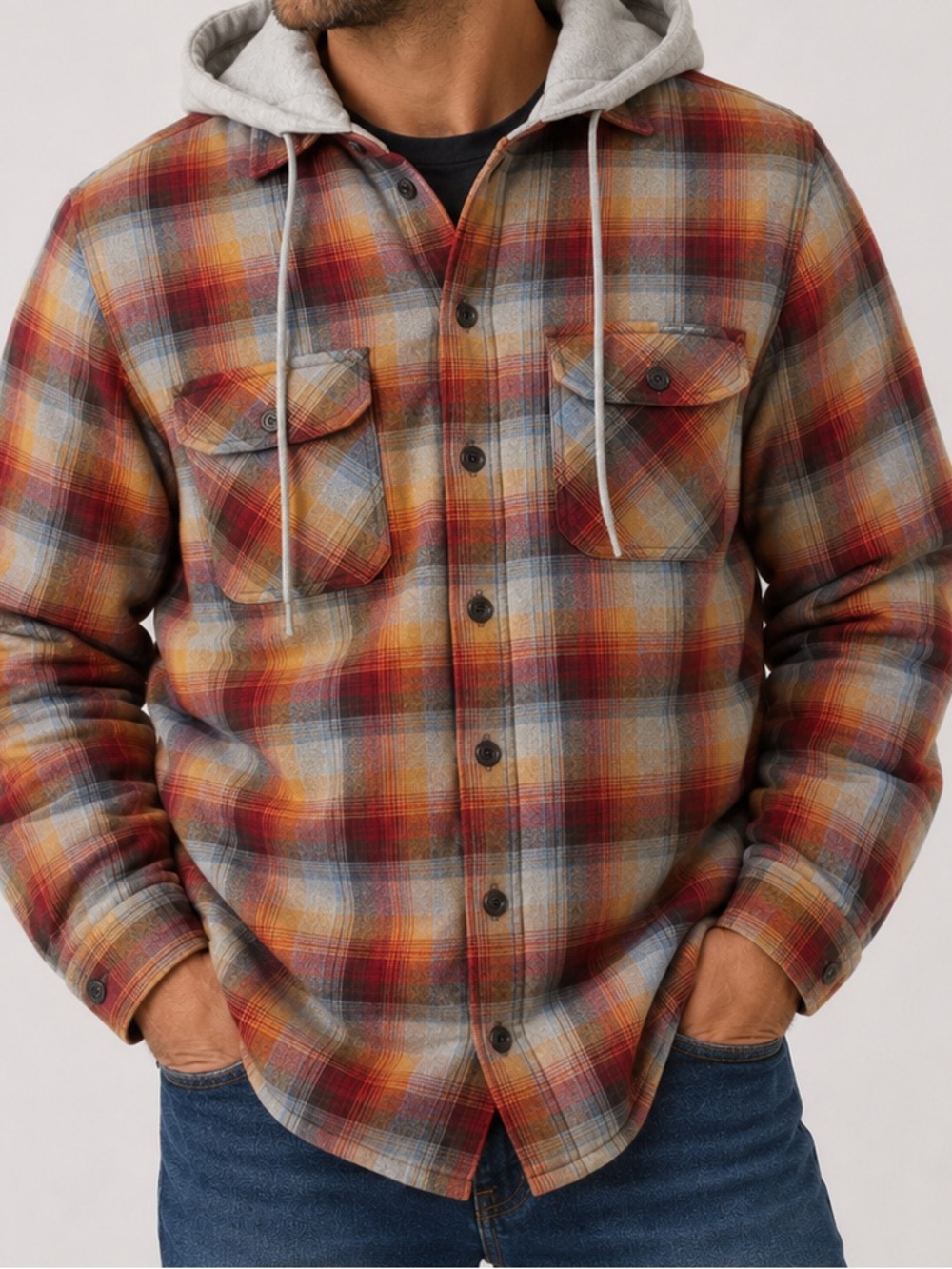 Wrangler Hooded Flannel Jacket Mens M Quilted Lined Plaid Shacket Workwear